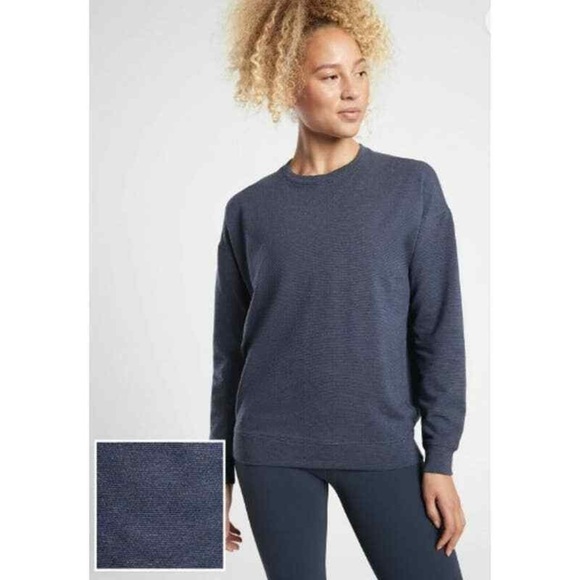 Athleta Studio to Street Printed Sweatshirt Stripe Navy Heather Large - Picture 1 of 9